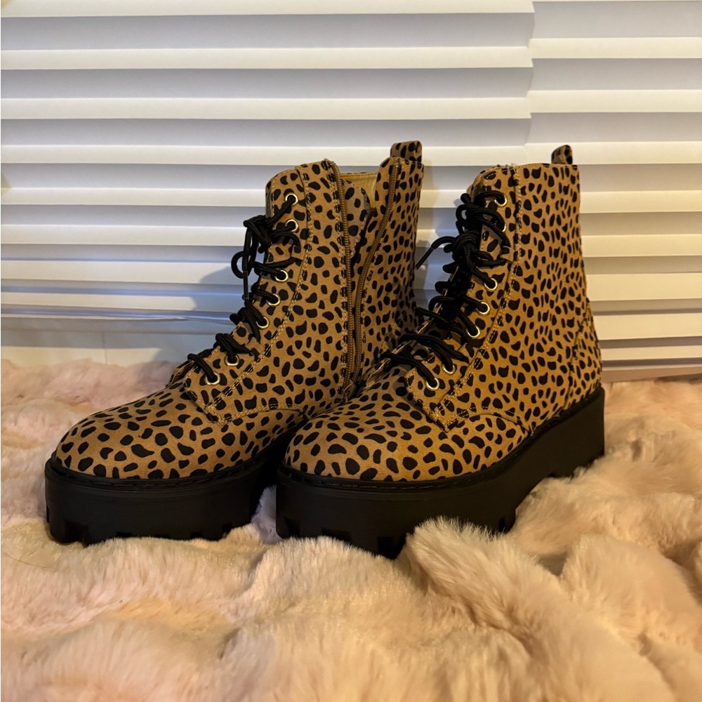 BAMBOO Leopard Print Combat Boots